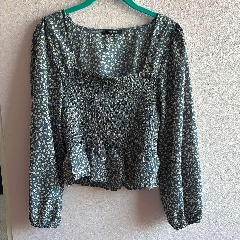 Love Tree Green and White Smocked Peplum Blouse
